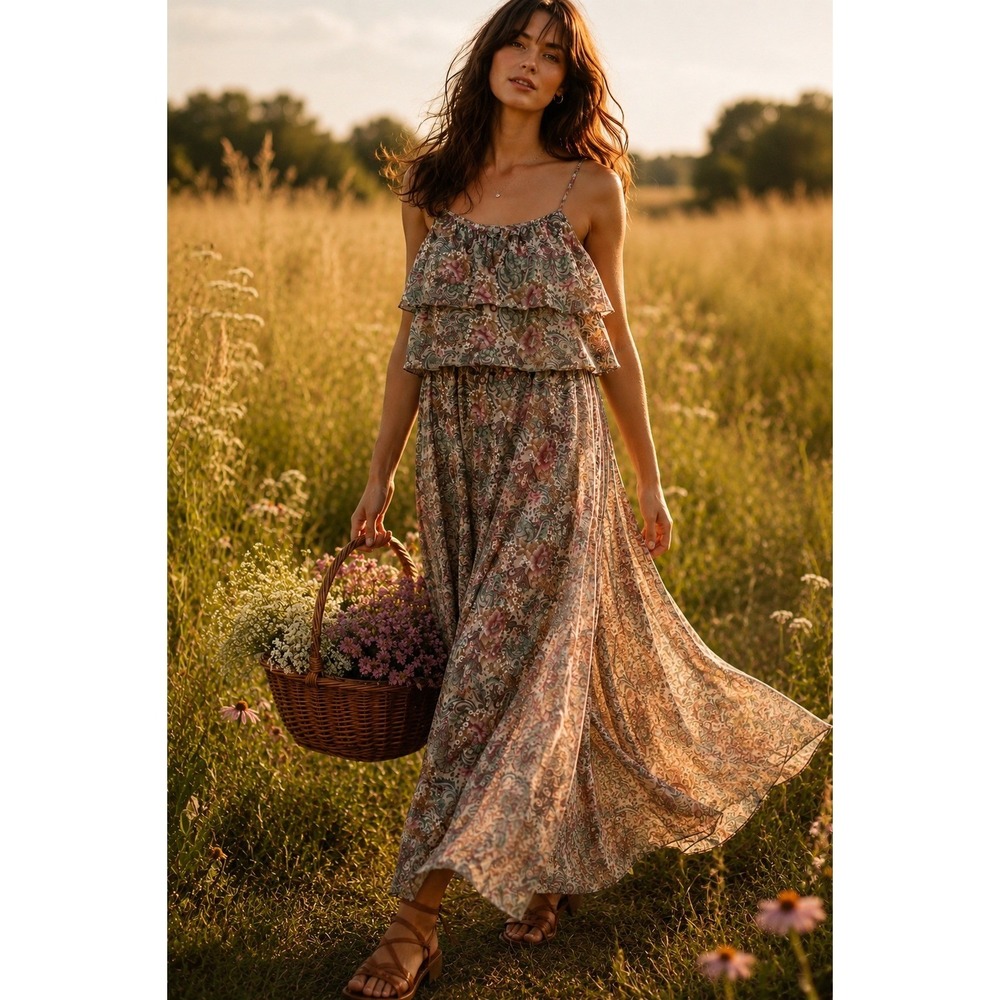 Toni Todd Maxi Dress Women S (Est) 70s Vintage Floral Paisley Boho Tiered Prarie